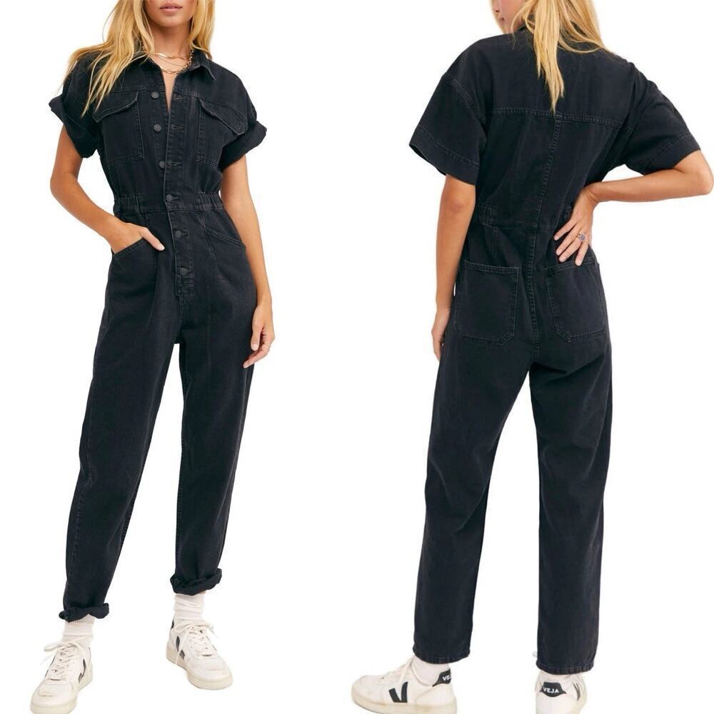 Free People Marci Denim Jumpsuit Iron Washed Black Size XS Utility Coveralls